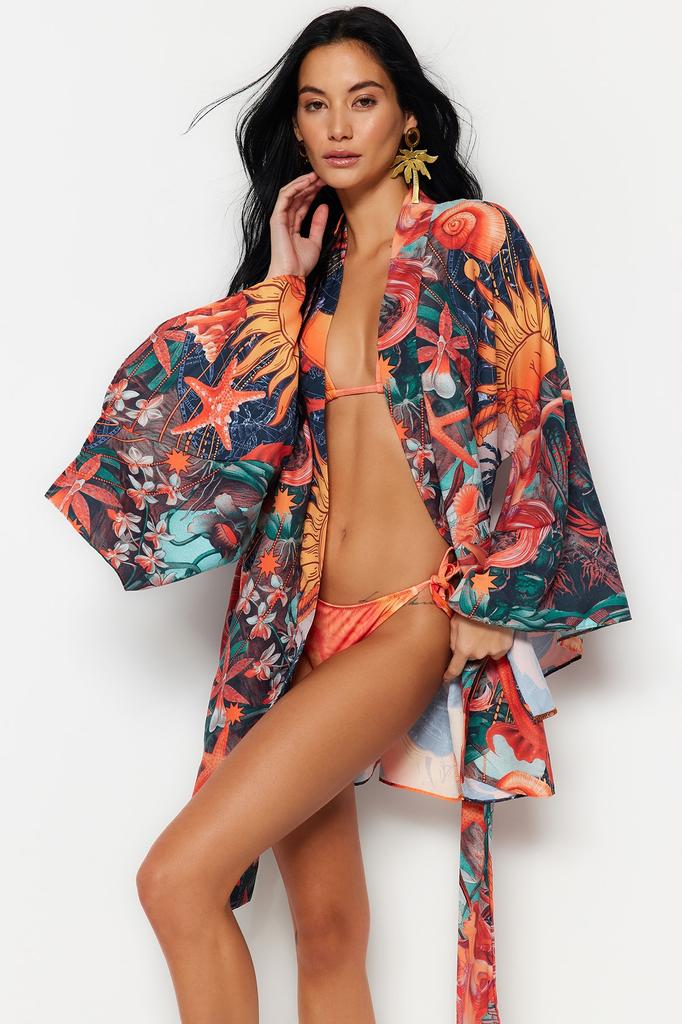 Women's Fashion New Kimono&Kaftan Floral Pattern Belted Mini Woven KimonoKaftan