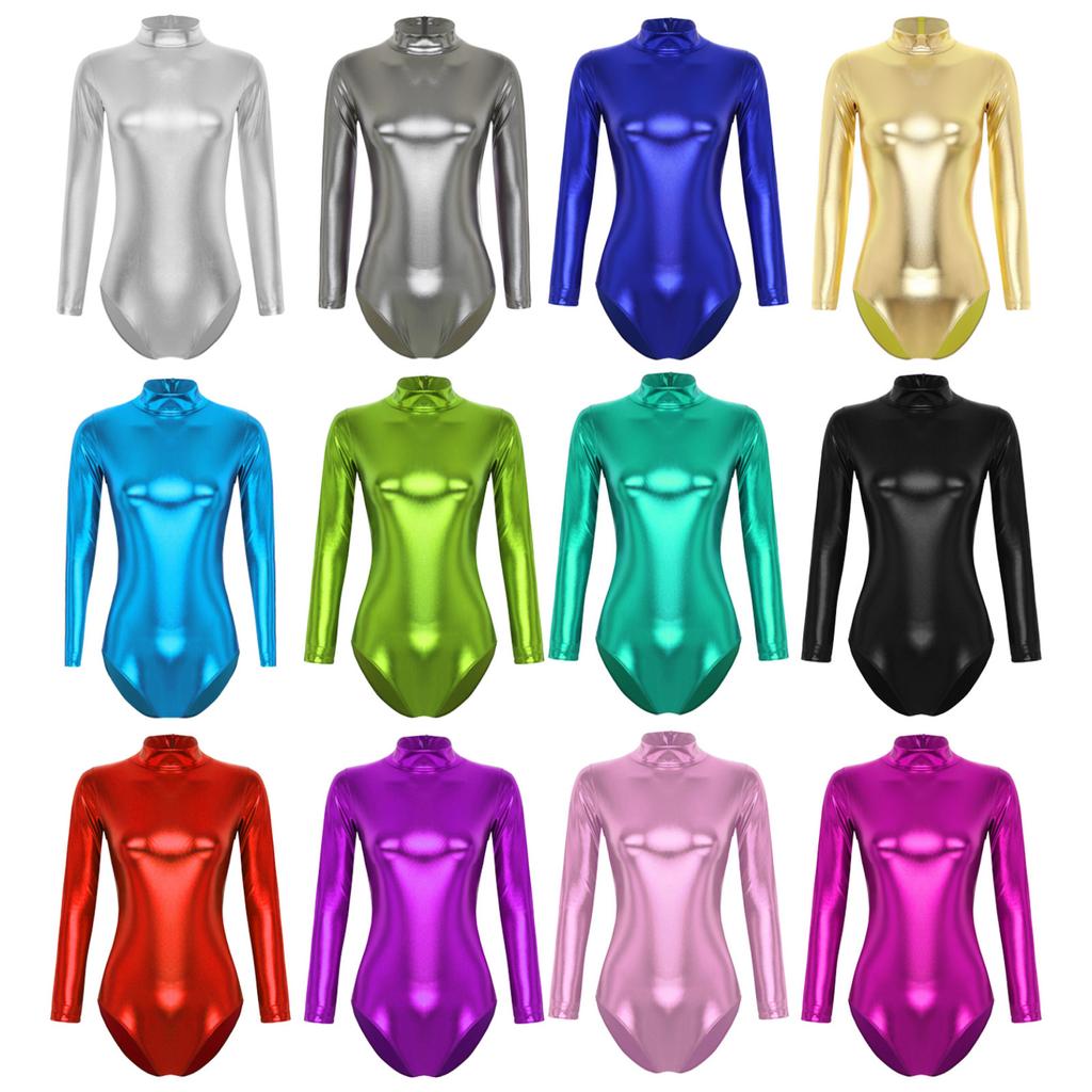 Женский блестящий спортивный купальник металлик, боди с длинным рукавом, облегающие узкие колготки, цельный комбинезон Rave Disco Party Performance
