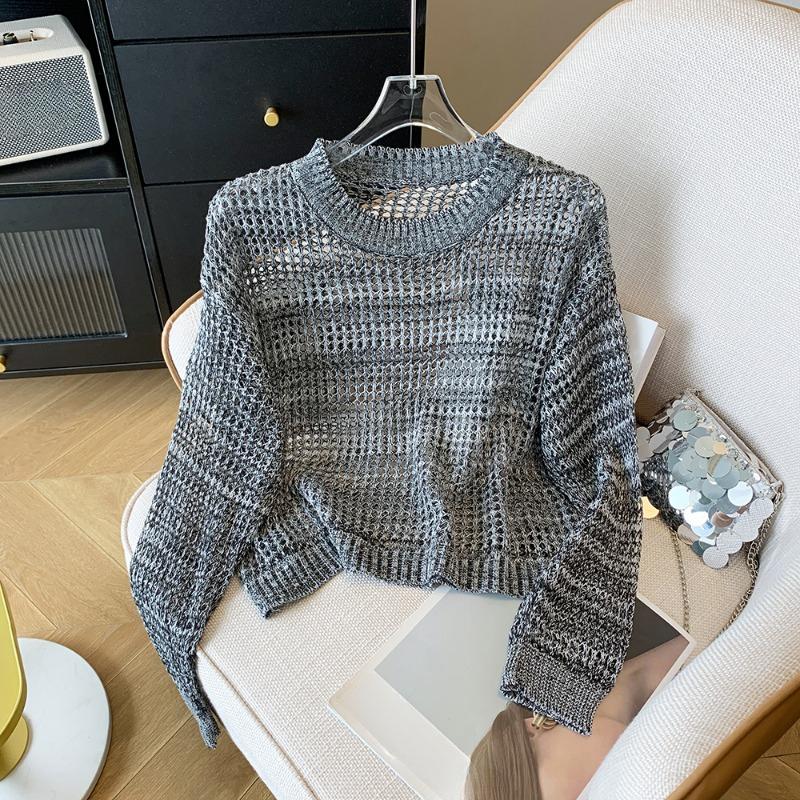 Модный свободный ажурный солнцезащитный вязаный свитер для женщин, осенний тонкий длинный рукав, круглый вырез, трикотаж, женские элегантные повседневные свитера 24799