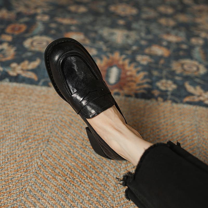 Fashion High Heels Women Pumps Retro Round Toe Genuine Leather 2024 Spring Summer Concise Casual Working Shoes Woman Loafers New Shoes