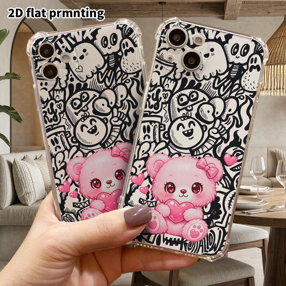 Phone Case: 2D flat suitable for iPhone 18 17 16 15 14 13 Pro, transparent four corner protective case, pink bear, Christmas and Halloween gift