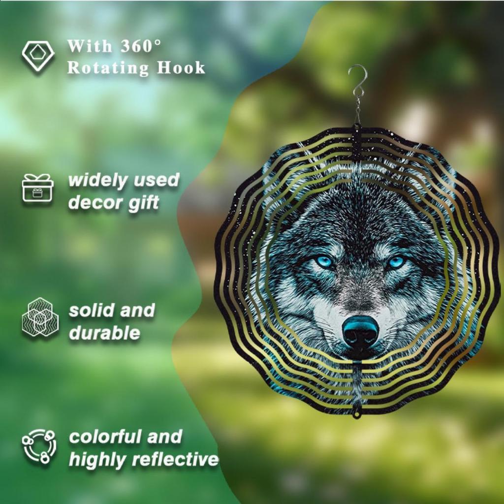 Wolf Wind Spinner 3D Metal Wind Chime for Garden Patio Outdoor Decor Holiday Gift for Halloween Thanksgiving Christmas