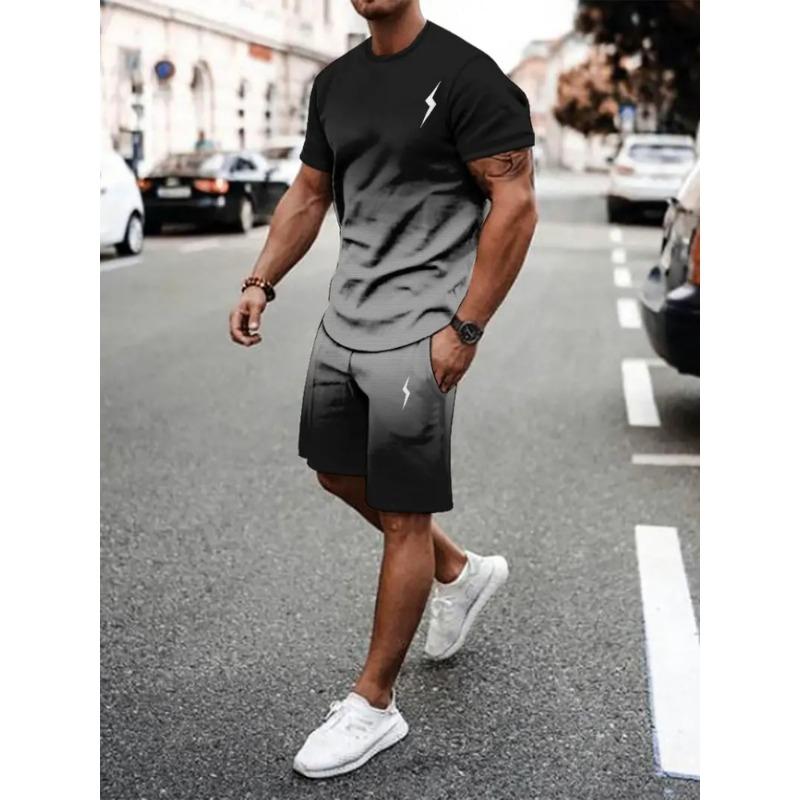 2025 Urban Street Trend Men's Suit Summer Casual Short Sleeve Shorts 2 Pieces Unique Geometric Print Outdoor Casual