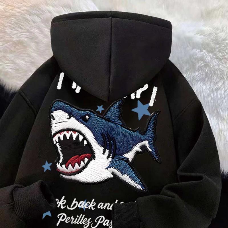 Oversized Shark Embroidery-Style Hoodie Men Women Winter Thick Fleece Lined Streetwear Casual Sweatshirt