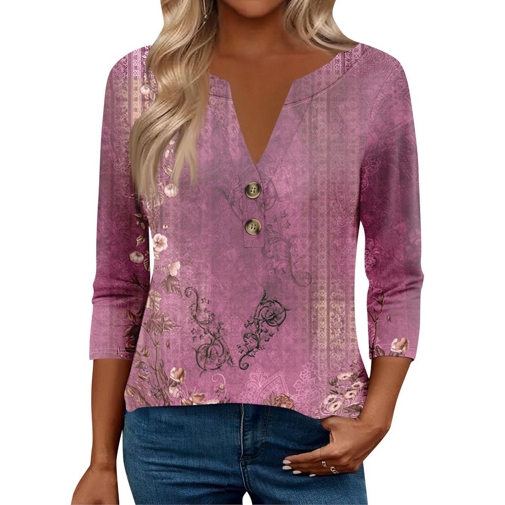 Женские топы с рукавом 3/4 для женщин, топы хенли на пуговицах с V-образным вырезом, нарядные летние женские топы свободного кроя
