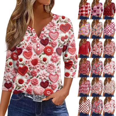 Женская футболка с принтом ко Дню святого Валентина, на пуговицах, рукав 3/4, туника, повседневная мода на выходные, базовый топ с V-образным вырезом
