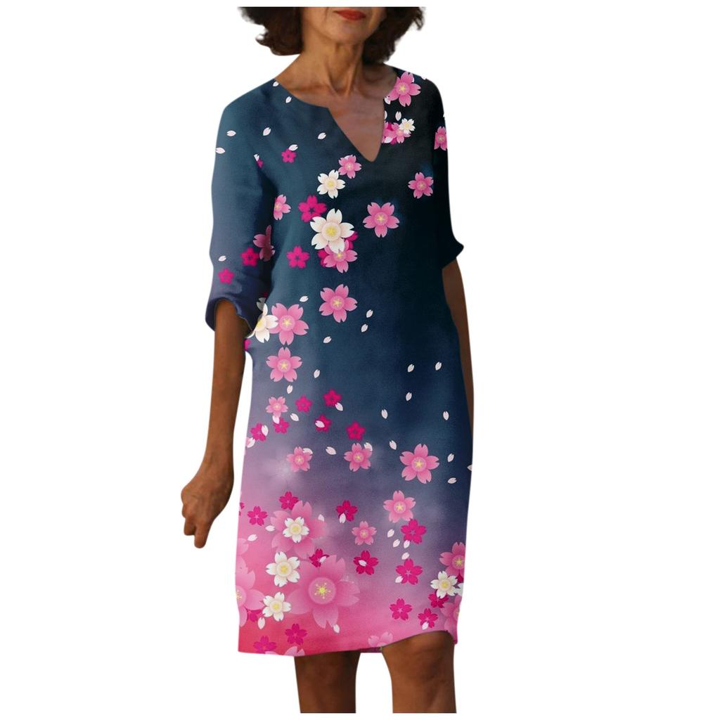 Women's Summer Casual Vintage Floral Leaf Print V-neck Half-sleeve Dress