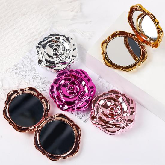 Electroplating Rose Double-sided Mirror Portable Travel Mini Foldable Makeup Mirror Women Girls Vintage Pocket-sized Handheld Vanity Mirror