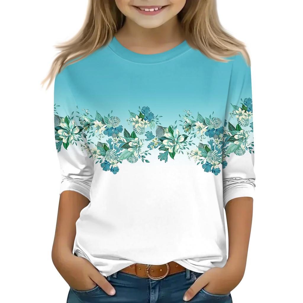 Топы с принтом для девочек 5-16 лет с круглым вырезом и рукавами 3/4 Футболки Модные топы Наряды Футболки
