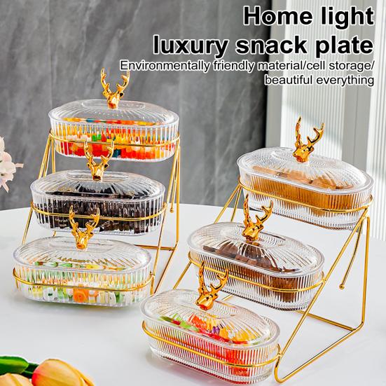 3-Tier Dried Fruit Display Tray with Nut Stand Stylish Elk Lid Sturdy Plastic Iron Frame