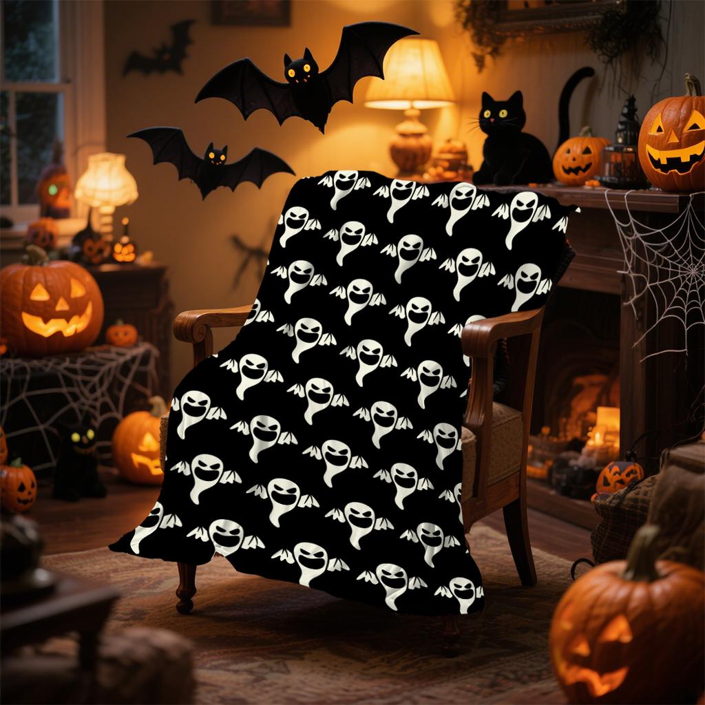 1pc Black Halloween Blanket White Ghost Print for Sofa Chair Skin-Friendly Soft Blankets 2025 New for Home Halloween Decoration