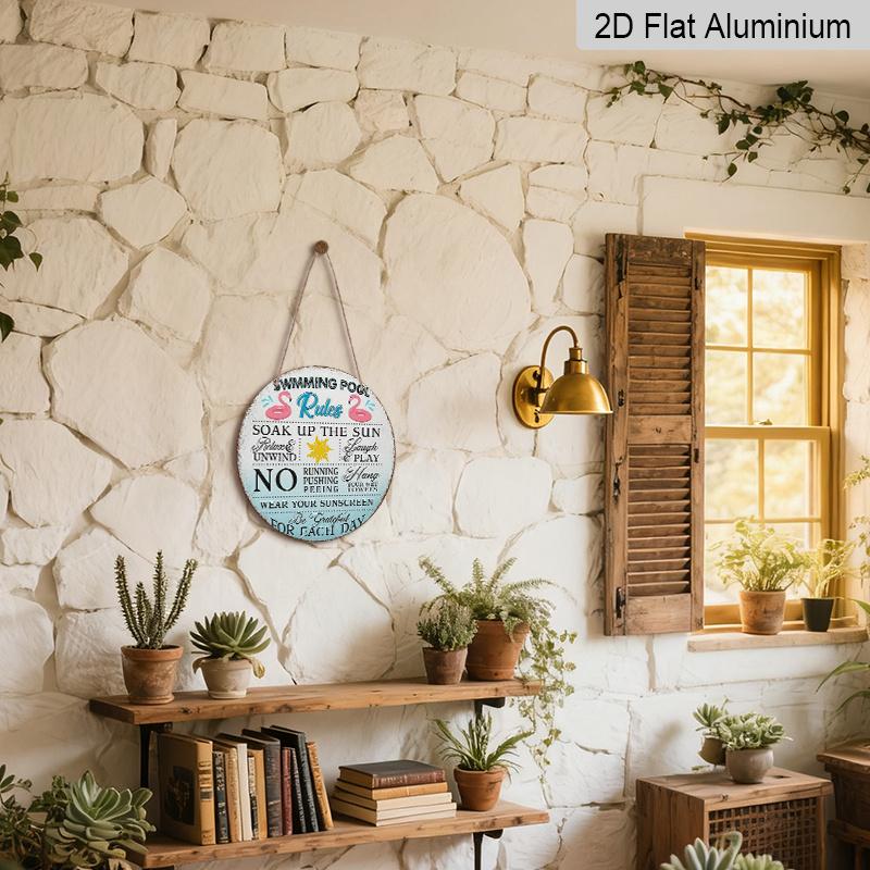 2D Flat, 1pc 7.87x7.87 Inch Round French Aluminum Sign, Vintage Decorative Plaque for "Pool Rules", "Pool Reminder" Decorative Sign, Suitable for
