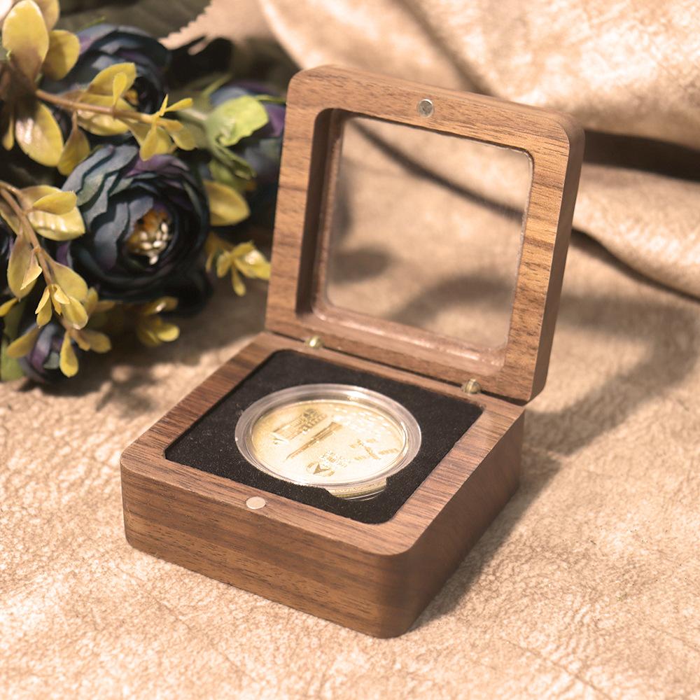 Customizable Handmade Square Wooden Commemorative Coin Storage Gift Box Transparent Window for Medal Silver Coins Made