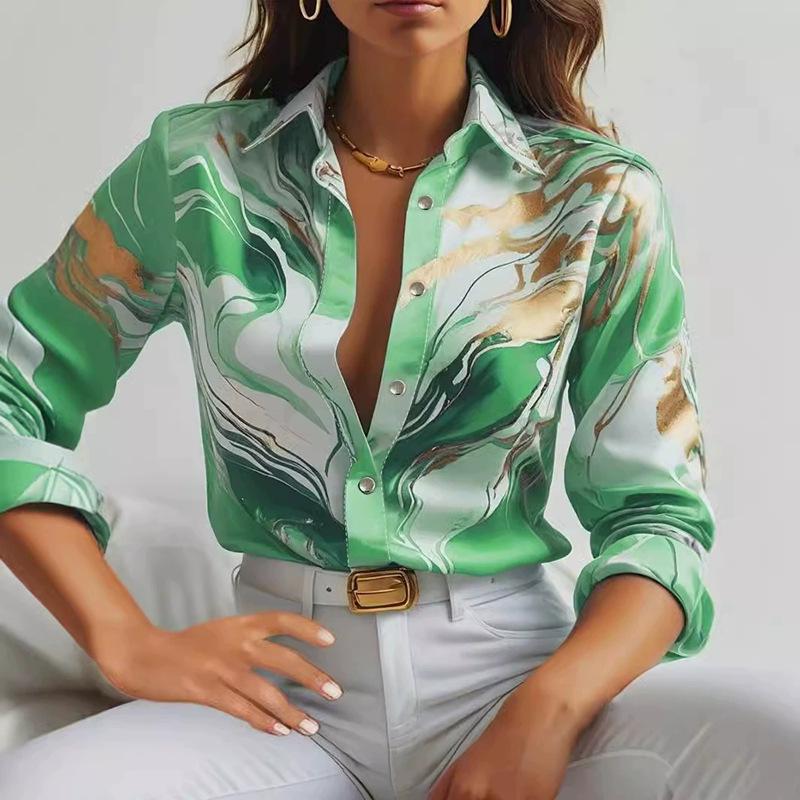 Женская повседневная свободная рубашка с длинным рукавом и принтом, осень 2025