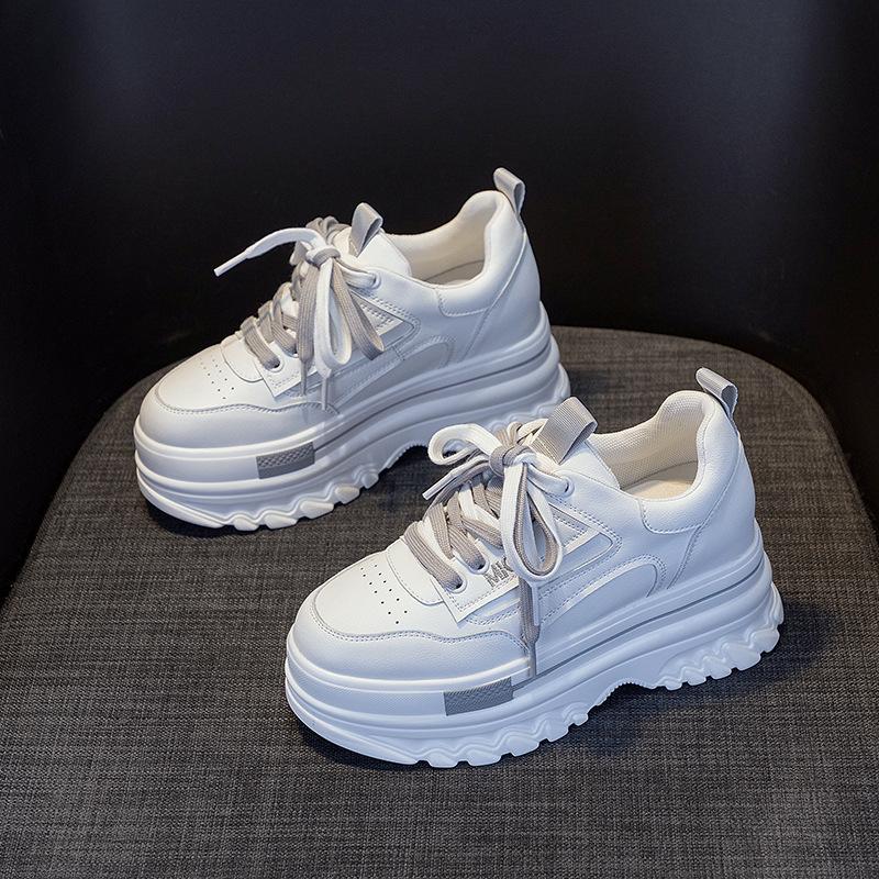 Thick-soled Leather Surface Heightening Dad Shoes Girl 2025 New Ins Fried Street Casual Breathable Muffin Shoes Little White Shoes