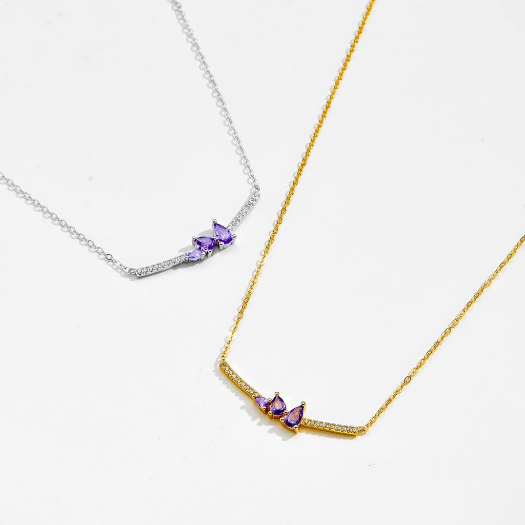 Sterling Silver Elegant Pear Shape Purple Zircon Dainty Chain Necklace for Women Wedding Party Jewelry