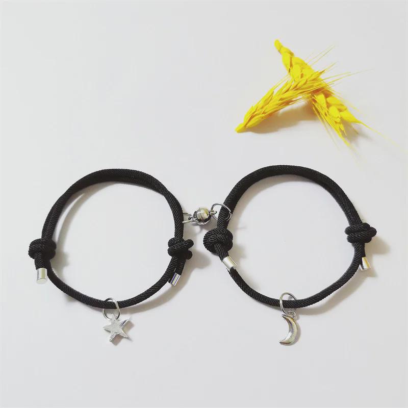 Handwoven Star and Moon Magnet Attraction Couple Bracelets - Adjustable Unisex Design