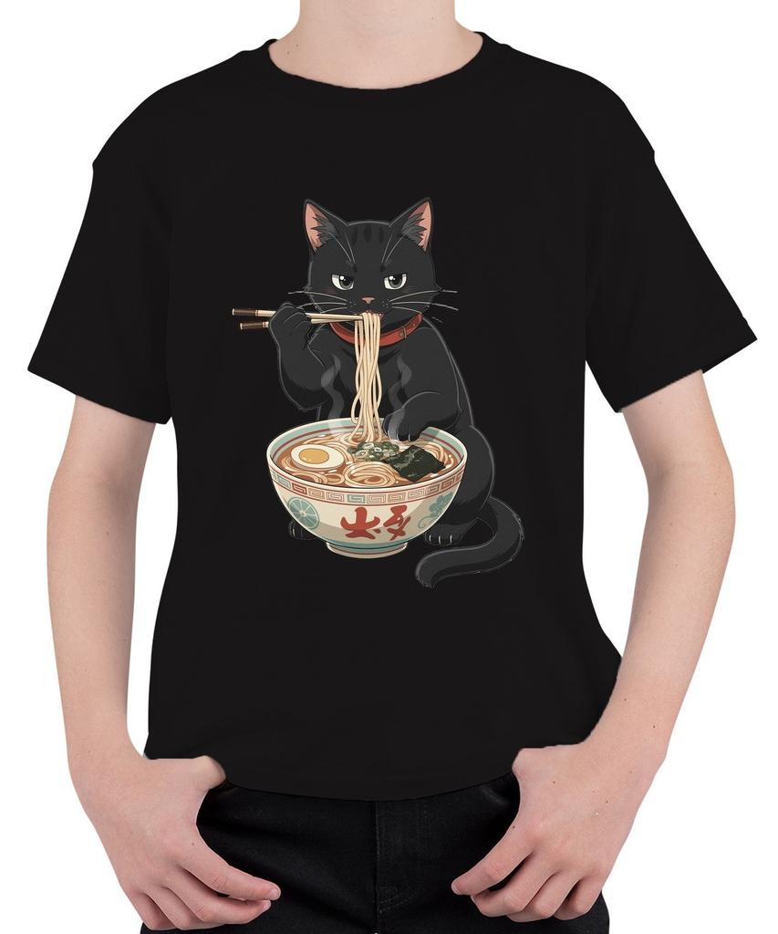 Ramen Cat Black Kitty Noodle Soup Anime Japanese Japan Manga Kids T-Shirt