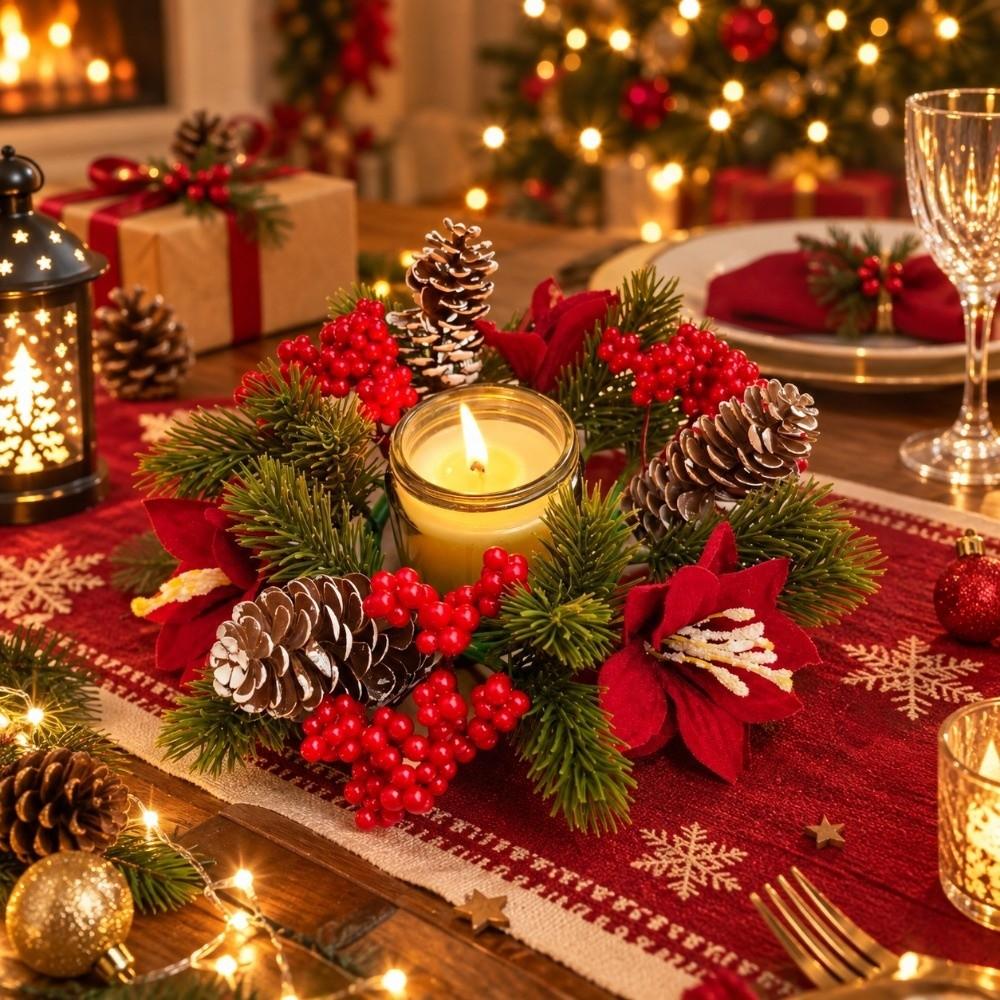 Red Berry Christmas Wreath Candlestick Flower Pillar Candlestick Wreath Candle Holder Home Decor