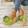 Fashion Aphixta Fluorescent Pink Wedge Heels Slippers Women Bohemian Flower Mulers 4cm Platform Sandals Clog Shoe Slides Plus Size 43