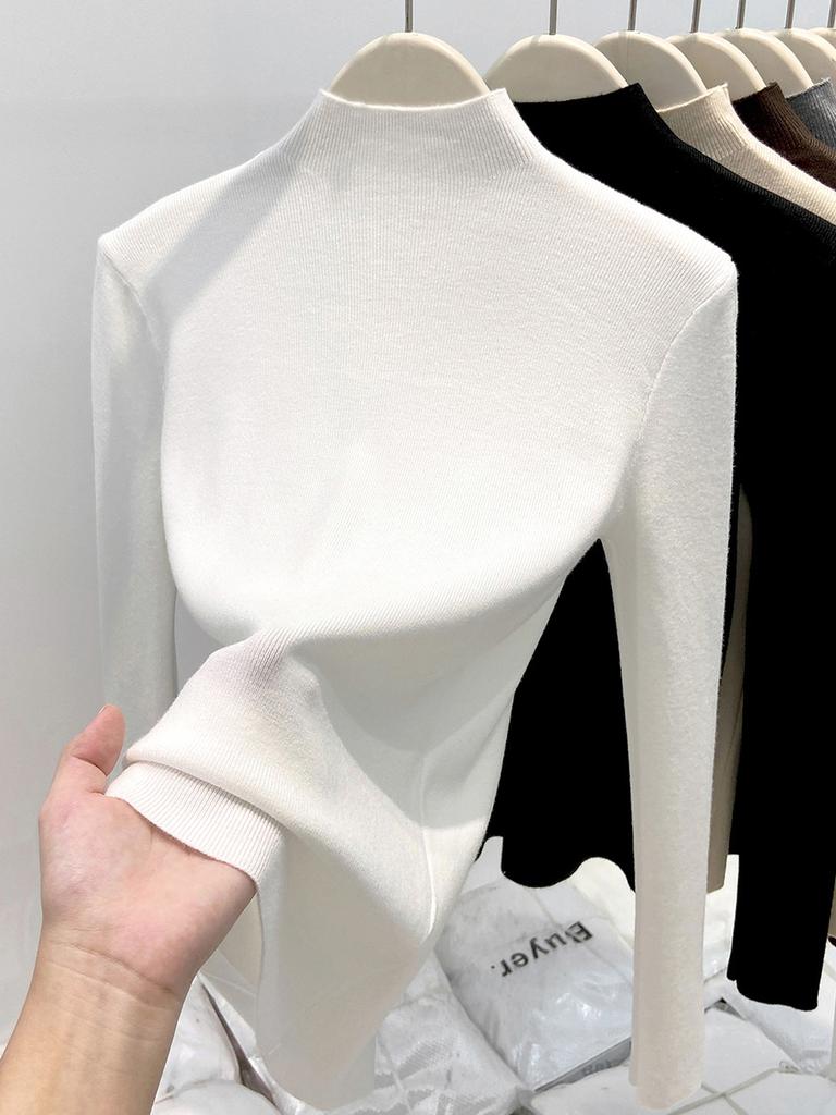 Белый базовый трикотажный свитер с полувысоким воротником женский осенне-зимний приталенный и тонкий внутренний с длинными рукавами мягкий восковой свитер модный топ