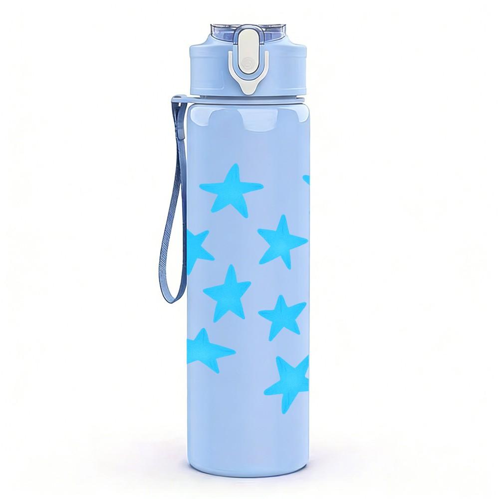 1PC Light Blue Five Point Star Repeat 750ml Color Plastic Sports Water Bottle Leakproof Flip Straw Lid Suitable for Sports Office Home Use