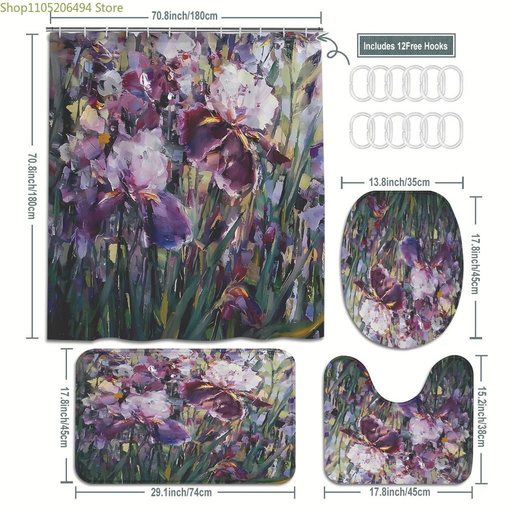Набор для ванной из 1/3/4 предметов с ярким узором цветка ириса, оживленный цветочный дизайн в насыщенных фиолетовых и белых тонах, с акцентом на