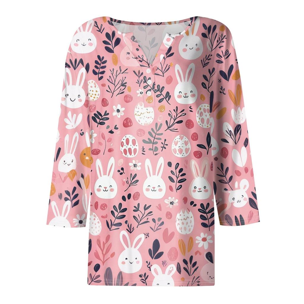 Жен. Футболка С принтом Пуговицы Рукав 3/4 Повседневные Выходные Мода Классический Классический V-образный вырез Обычный Верх