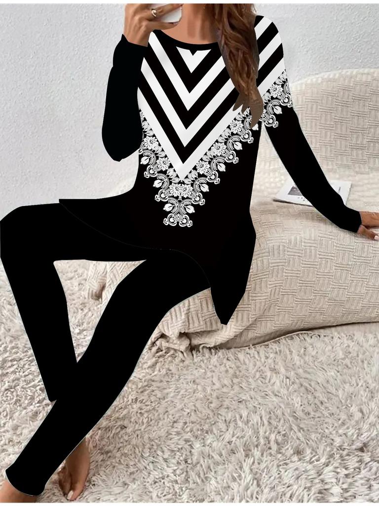 Евро-американская мода 3D Геометрический принт Женский Четырехсезонный Комплект из футболки с длинным рукавом + длинных брюк. Идеальный подарок на Новый год и Рождество