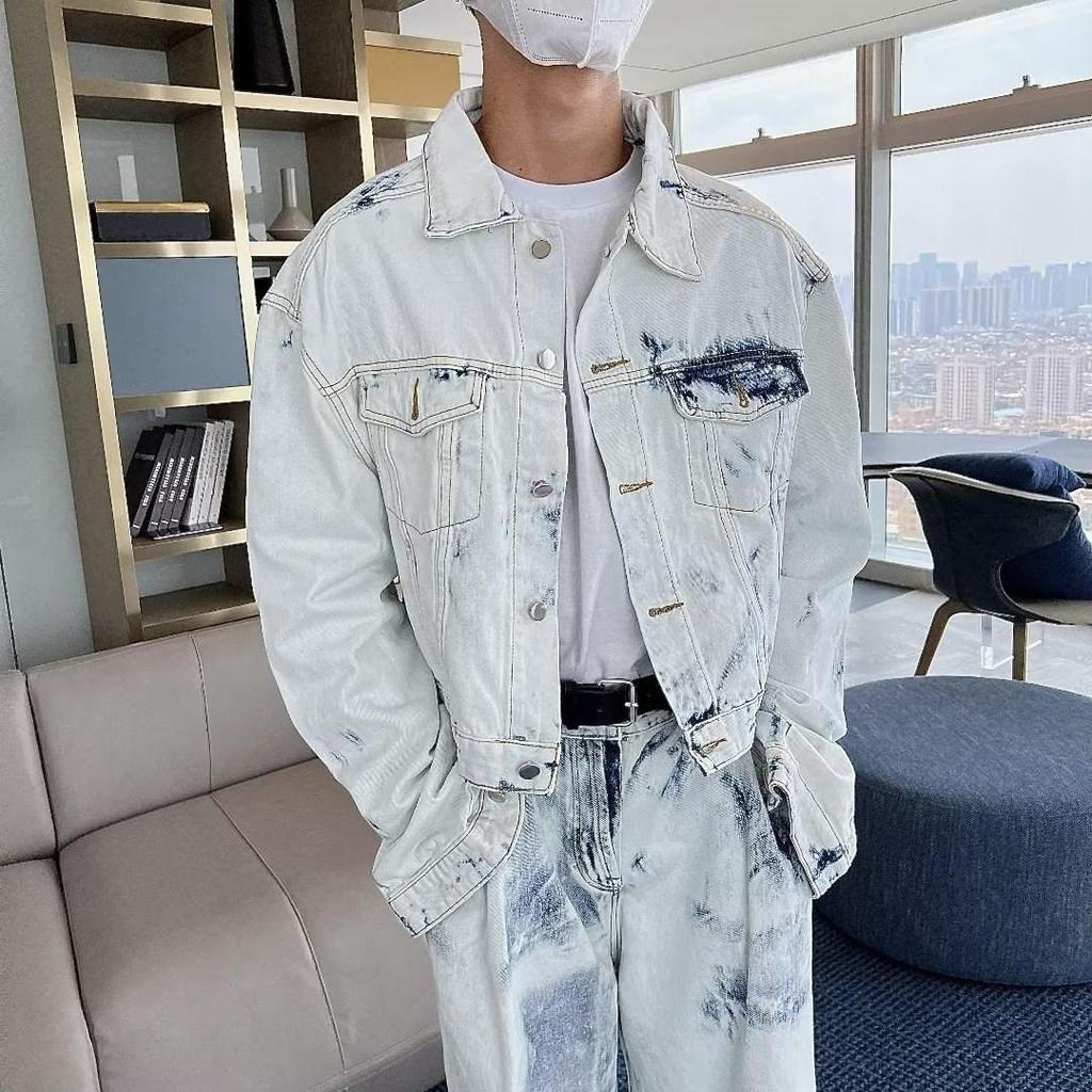 Men's Retro Tie-Dye Casual Suit: Loose Denim Jacket & Wide-Leg Trousers
