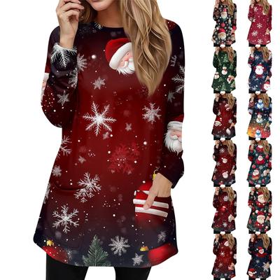 Женская толстовка, пуловер, спортивная одежда, карман, рождественский принт, повседневный топ с круглым вырезом и длинными рукавами