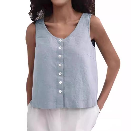 Женский летний жилет с круглым вырезом, свободные топы без рукавов, однотонные топы с планками на пуговицах, уличная одежда