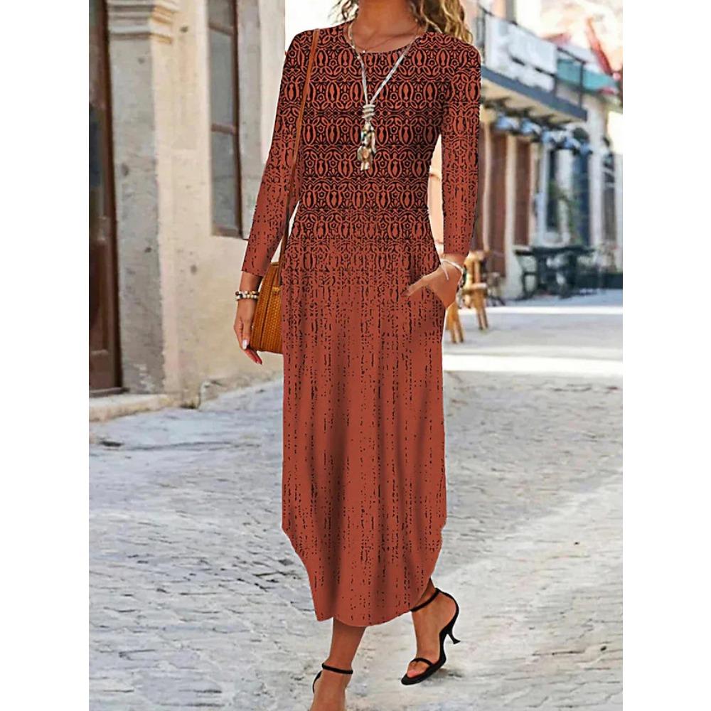 JPNTKY Женская мода Осень Зима Платья с длинным рукавом, круглым вырезом, высокой талией, повседневные