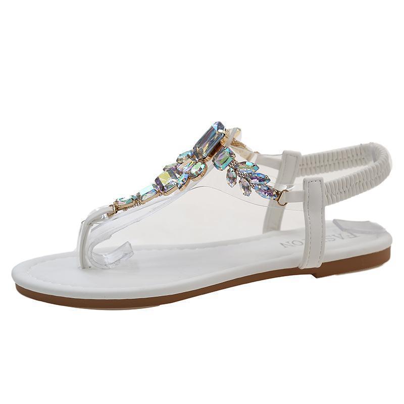Европейские и американские сандалии больших размеров женские лето 2025 новые на плоской подошве универсальные нескользящие модные сандалии-елочки со стразами женские