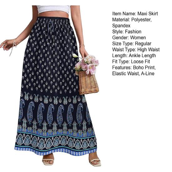 Women Maxi Skirt High Waist A-Line Style Floral Print Long Skirt