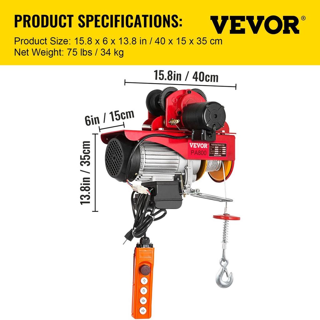 800Kg/1700Lbs Electric Trolley Hoist 1300W Electric Hoist Winch Double 12M/40Ft , Electric Hoist Electric Forklift Steel Pallet Holder Lever Garage