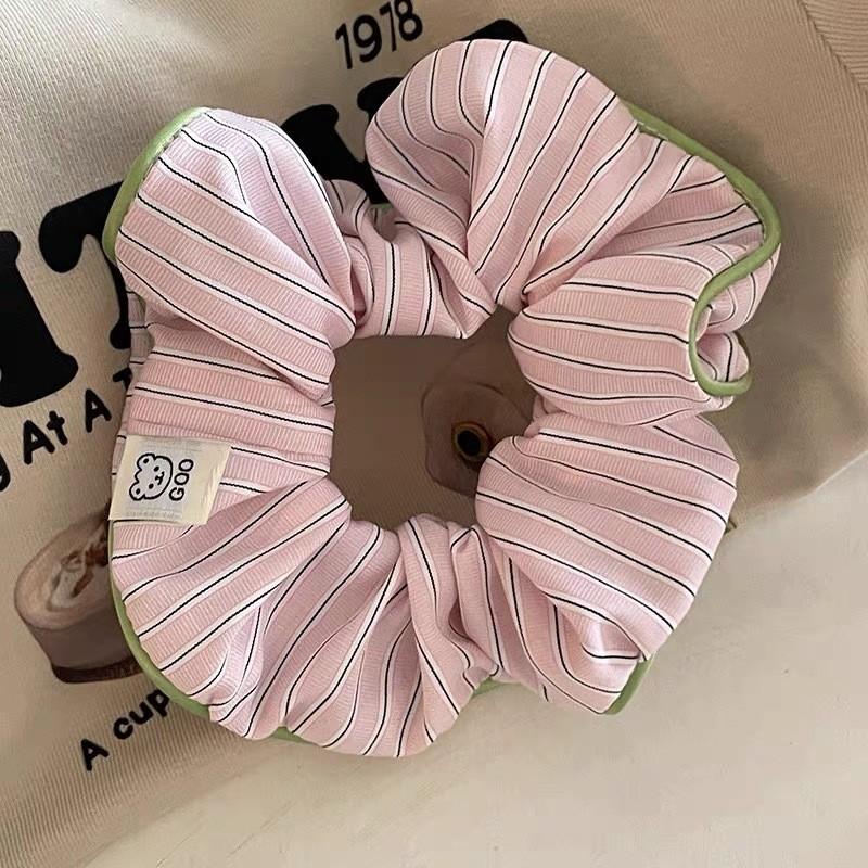 Cream Striped Hair Ring Female Sweet Bear Mori Cute Scrunchie High Elastic Hair Accesssories