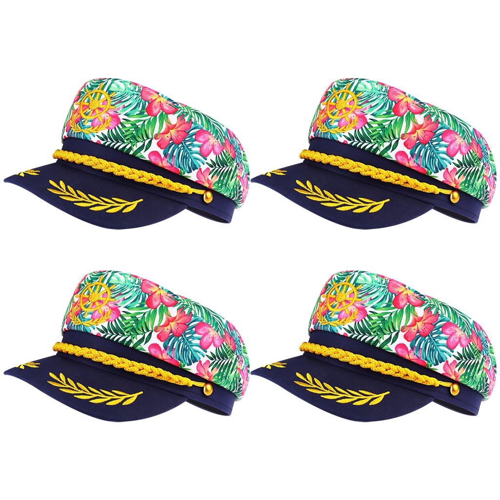 4 шт. Гавайские Цветочные Капитанские Шляпы - Регулируемые Шляпы Яхтенного Матроса Для Хэллоуина, Катания на Лодке, Морских и Вечеринок - Темно-Синие Вышитые Костюмы