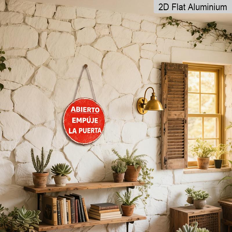 2D Flat, 1pc Round Aluminum Hanging Sign, Vintage Distressed Red Background White Spanish Text Abierto Empuje La Puerta Print, Shop Cafe Bar