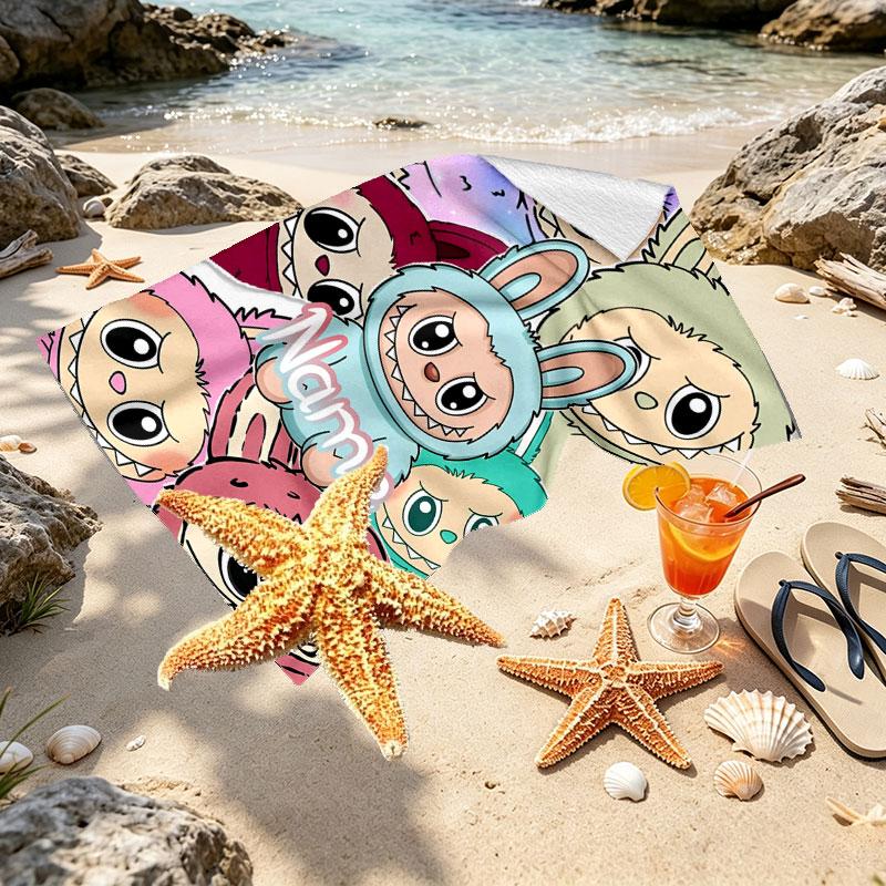 Custom Name Personalized Labubu Print Beach Towel, for Trip Camping Beach Party Home Decor, Birthday Gift for Family & Friends