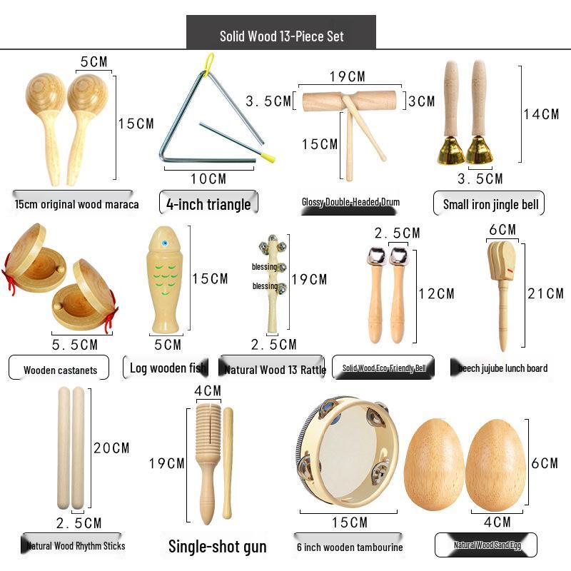Детские музыкальные инструменты Орфа: Треугольник, Кастаньеты, Маракасы, Бубен, Деревянные бруски, Тарелки