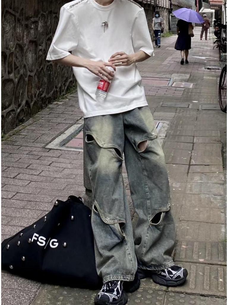 Мужские широкие рваные джинсы в корейском панк-стиле с металлическими вырезами