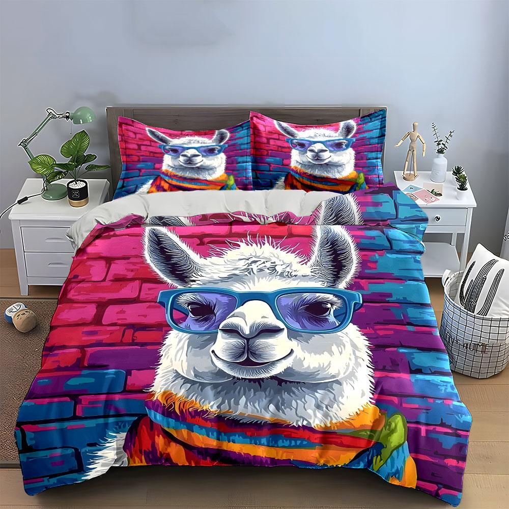 Colorful Llama Art Decor Set Bedding Set with 1 Duvet Cover 2 Pillowcases Single Double King Queen, Gift