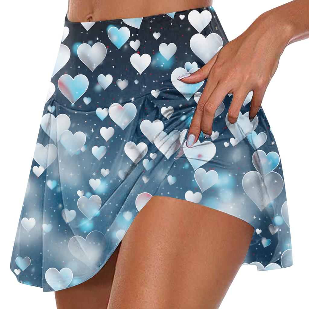 Женская мода с принтом на День Святого Валентина, повседневная спортивная фитнес-беговая йога, теннисная юбка, плиссированная короткая юбка, шорты, полуюбка