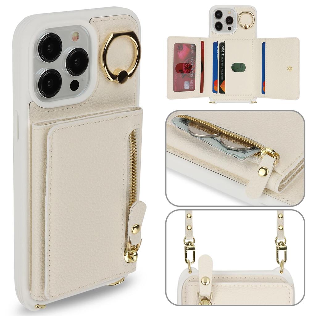 Кожаный кошелек-чехол через плечо для iPhone 15 14 13 12 11 Pro Max XS X XR Защитная крышка Держатель-кольцо Сумка с молнией для карт