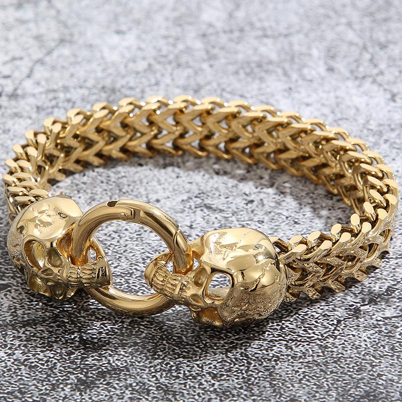 Готический браслет с черепом, мужской браслет в стиле панк-рок, мужские байкерские браслеты, позолоченные ювелирные аксессуары из нержавеющей стали