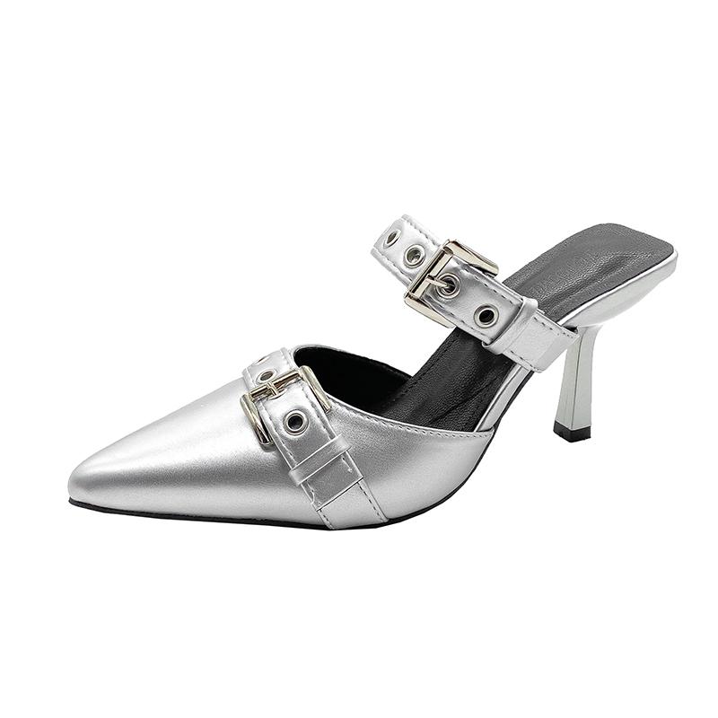 Модная пряжка ремня Модные туфли на высоком каблуке Летние сандалии на высоком каблуке в панк-стиле Большой размер 42 Остроносые туфли-лодочки на шпильке Шлепанцы с леопардовым принтом