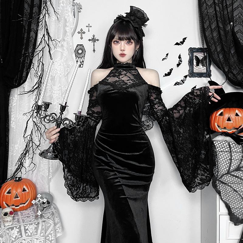 AltGoth Palace Style Готическое бархатное платье для женщин Хэллоуин Fairycore Grunge кружевное пэчворк халтер с высокой талией корсетное платье праздничная одежда