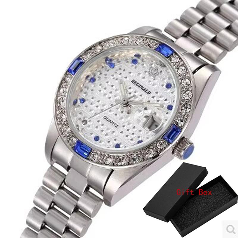 Luxury Full Gold Steel Rhinestone Reginald Brand Watch Fashion Woman Water Resistant Calendar WristWatches Dress Gift Watches