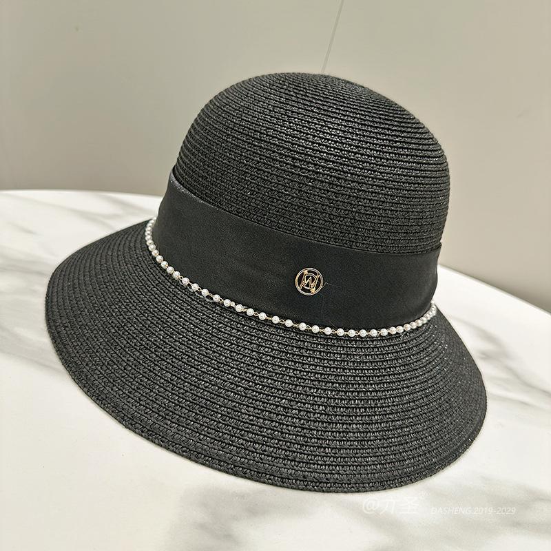 Straw Hat Elegant Women's M Standard Pearl Bowler Hat Light Bucket Hat Wide Brim Sunshade Straw Hat